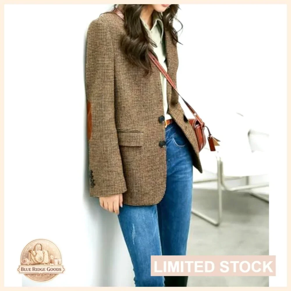 Wool Blend Blazer Classic Plaid Business Casual Work Coat Elegant Retro - Picture 5 of 7